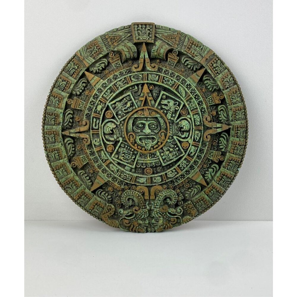Vintage Large Engraved Mayan Aztec Calendar Sun Malachite Stone Wall Panel 11.5